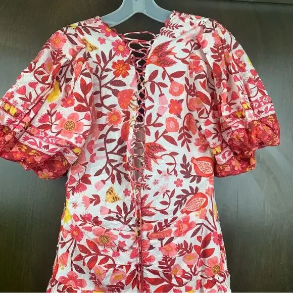 Farm Rio size XS romantic orchard tiered midi dress pink red white - Picture 15 of 15